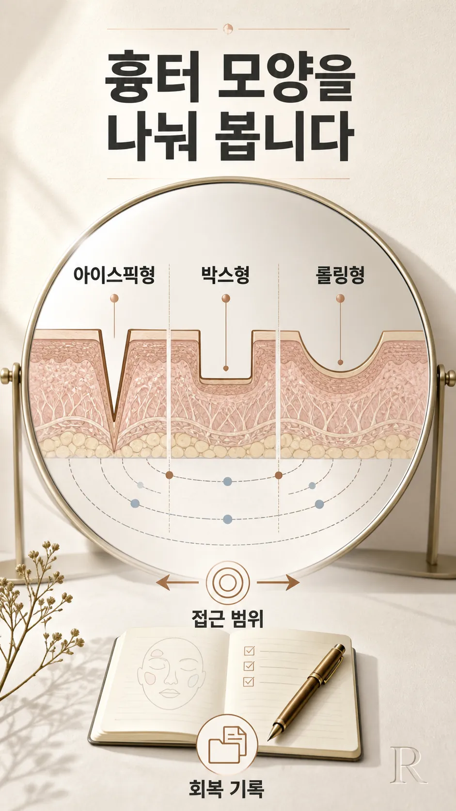 아이스픽·박스·롤링 단면 3종 비교 모식도