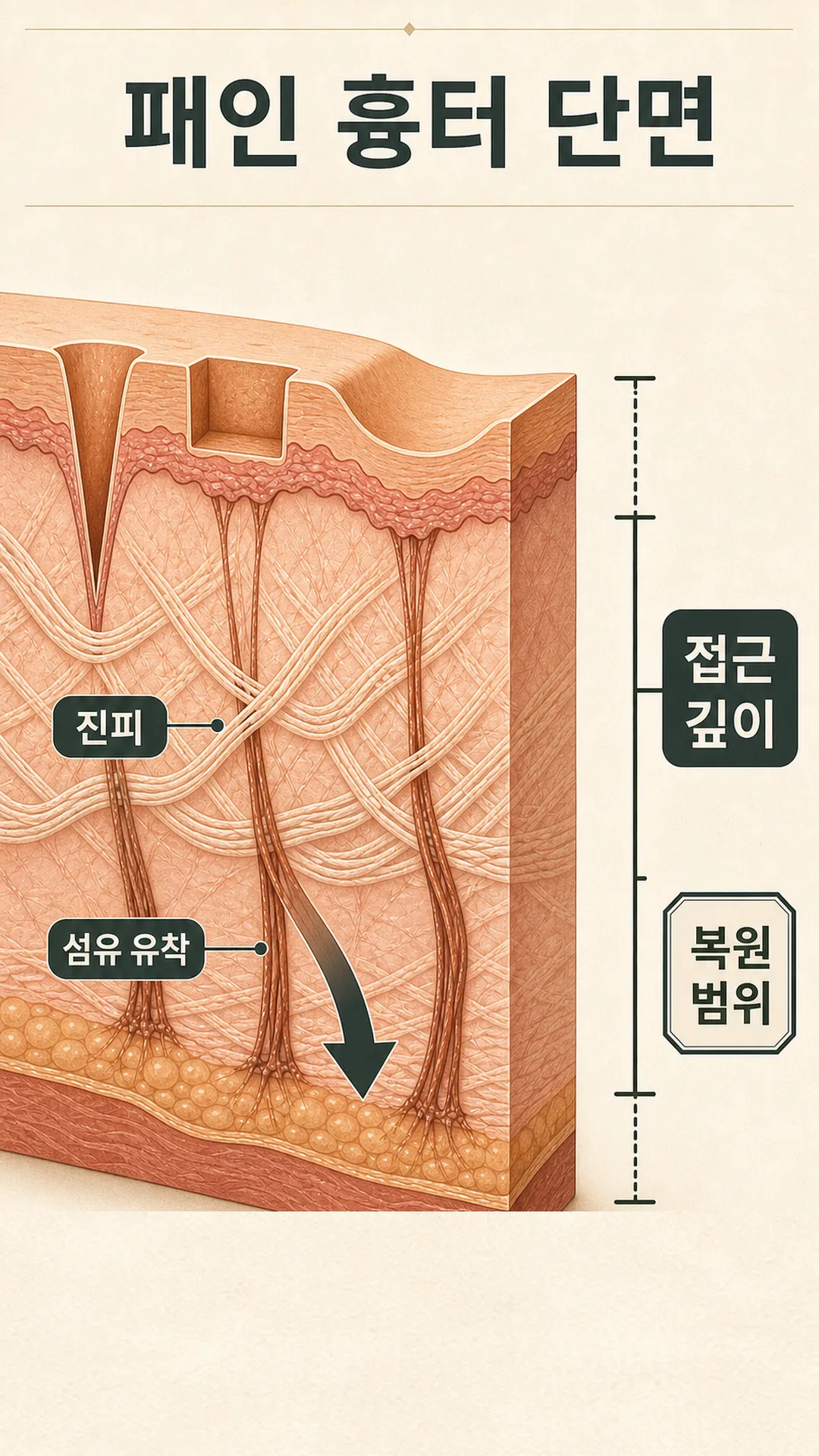 옆조명 받은 흉터 단면 그림자 도식