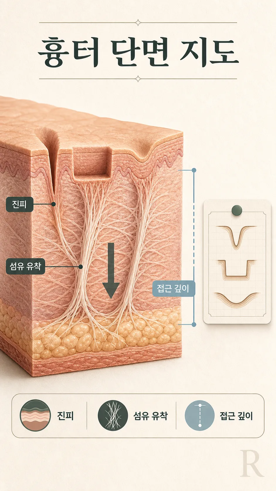 좁고 깊은 아이스픽 통로 진피 단면