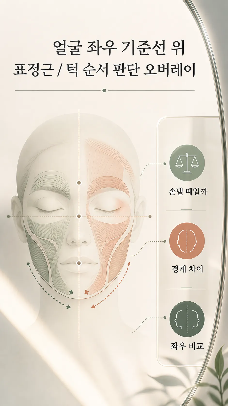 얼굴 좌우 기준선 위 표정근·턱 순서 판단 오버레이