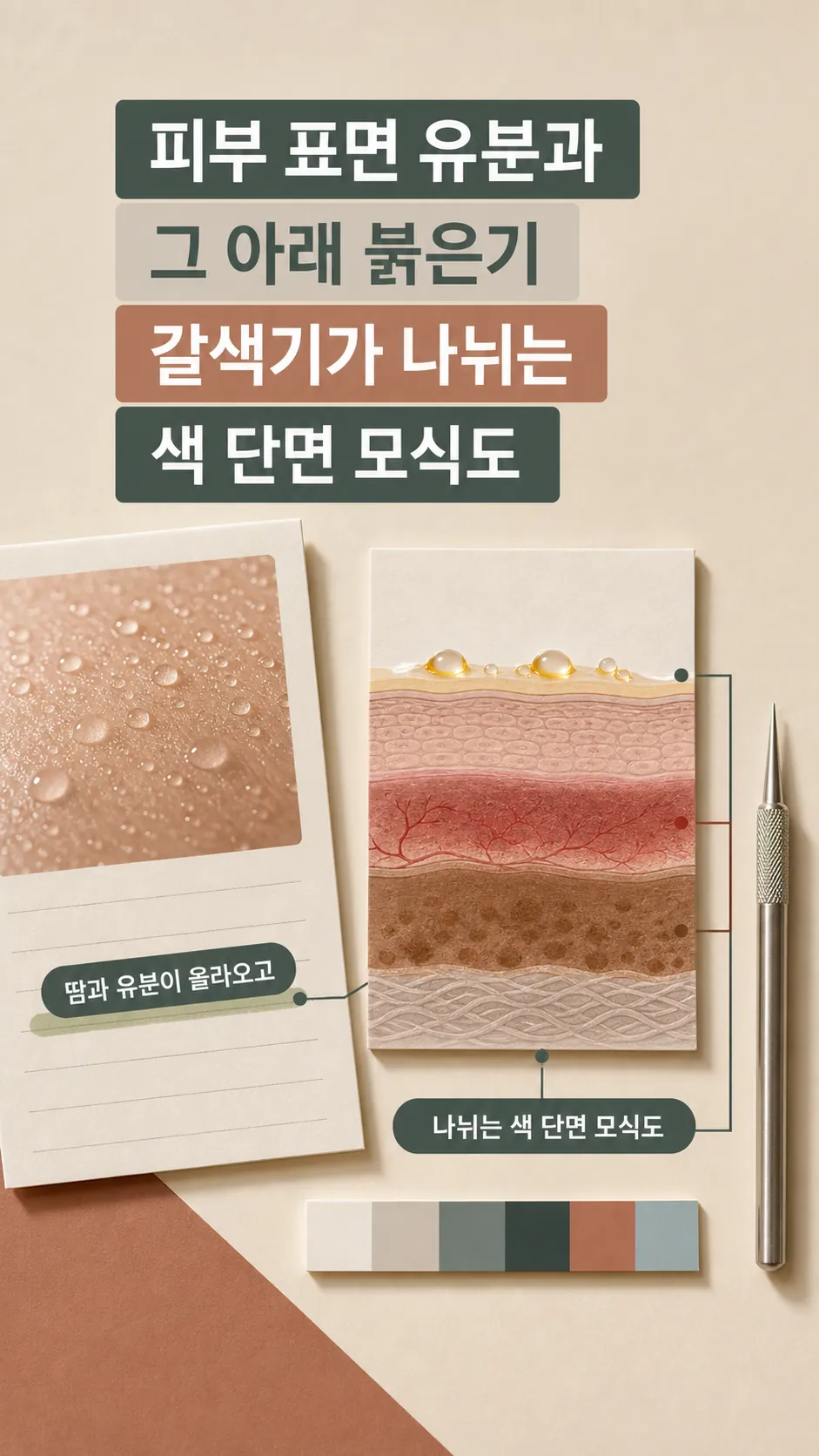 피부 표면 유분과 그 아래 붉은기·갈색기가 나뉘는 색 단면 모식도