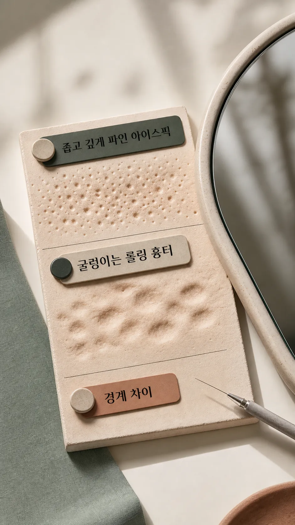 손가락 기준점으로 패인 경계 확인 클로즈업