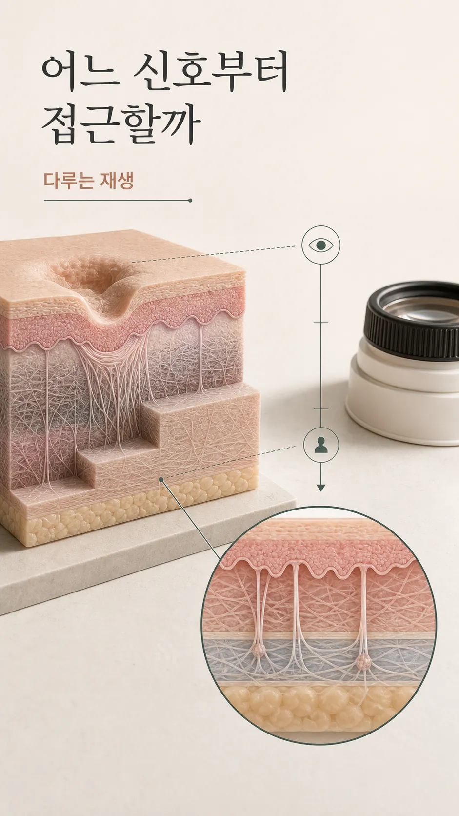진피층 콜라겐 유착과 피부층 단면 모식도