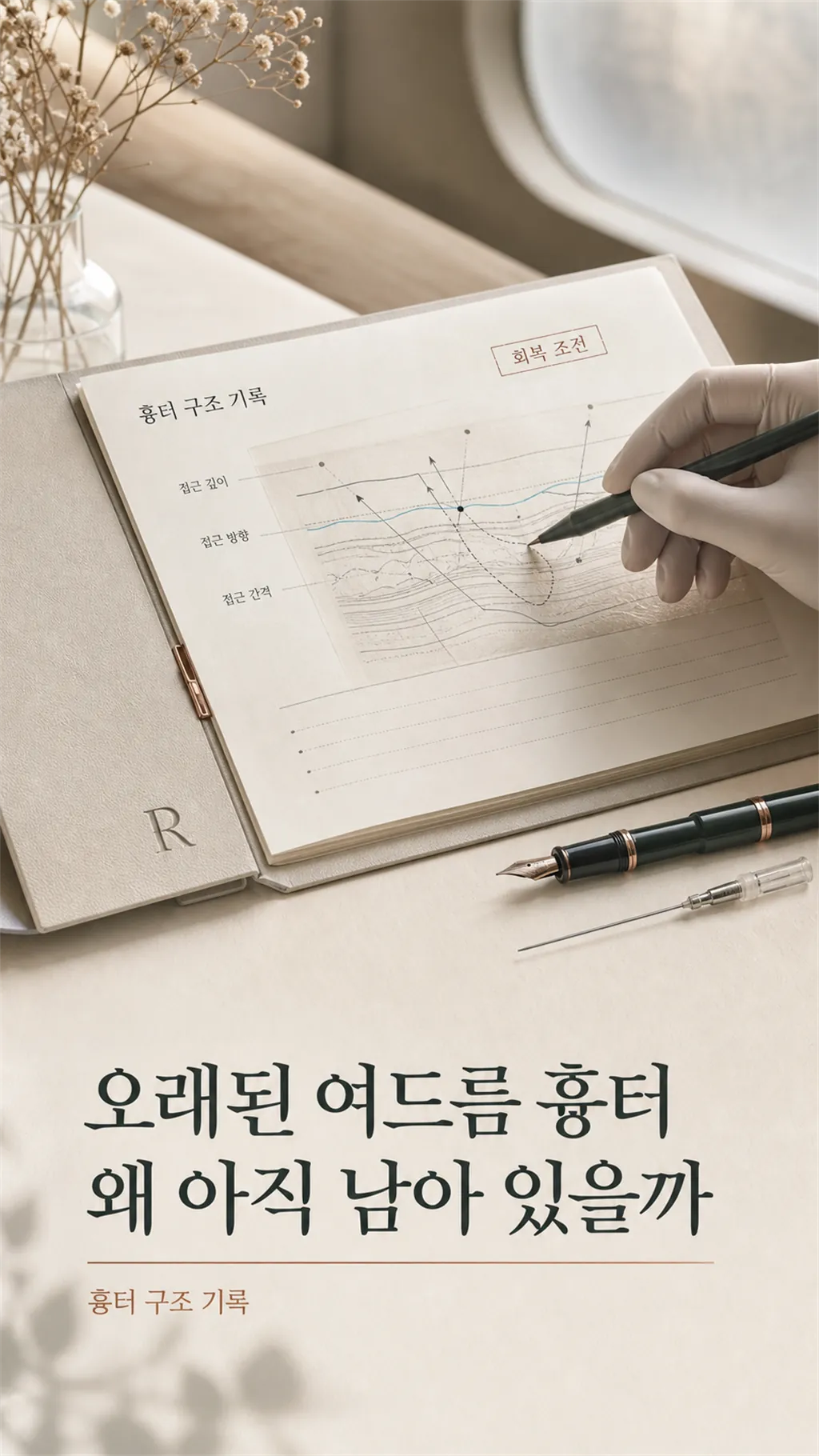 흉터 정밀 판독 니들 실루엣과 기록 노트 정물