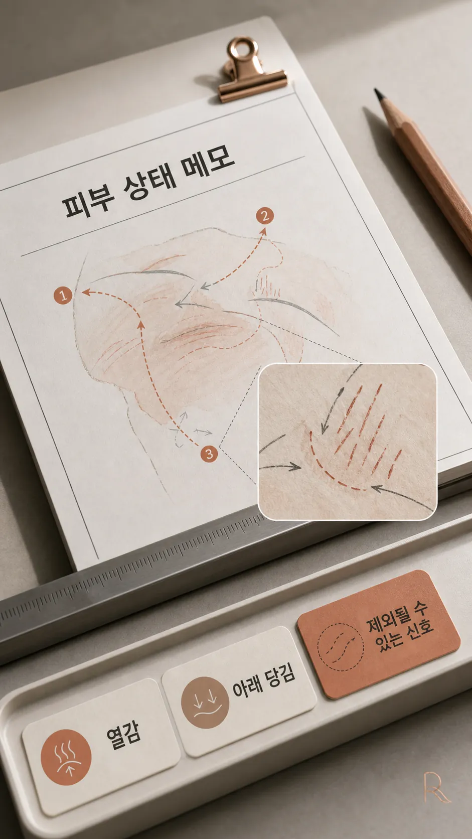 상담 전 촬영 기록지 가장자리와 피부 상태 메모 클로즈업