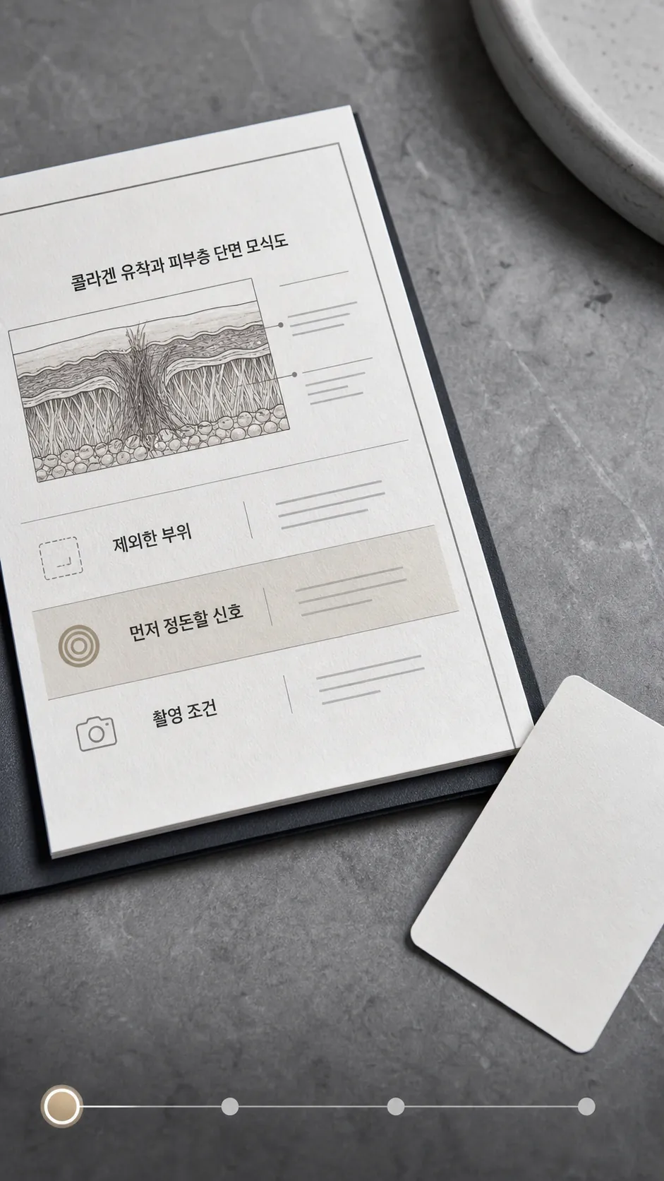 진피층 콜라겐 유착과 피부층 단면 모식도