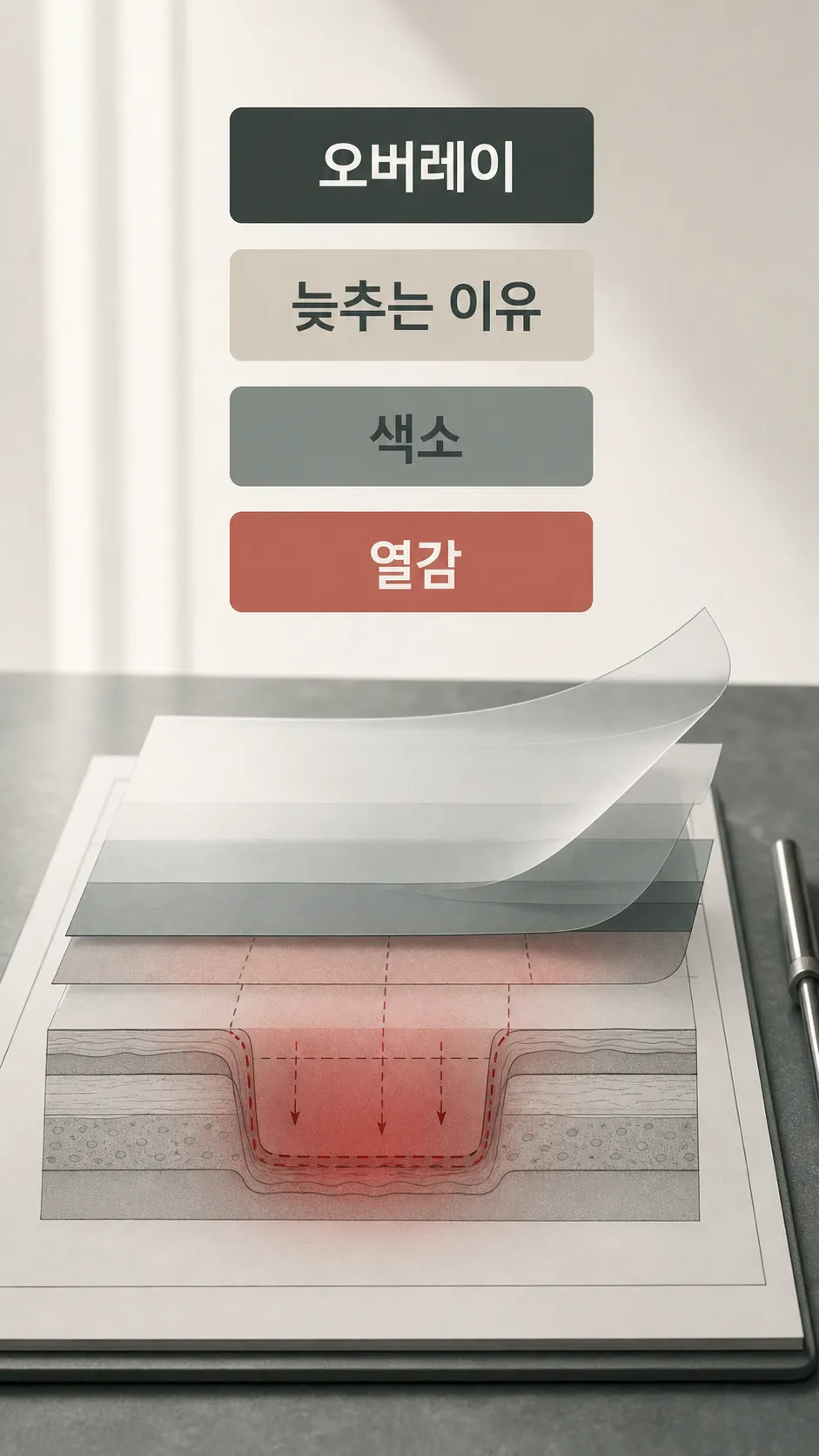 박스형 패임 단면 위에 열감 구역을 표시한 오버레이