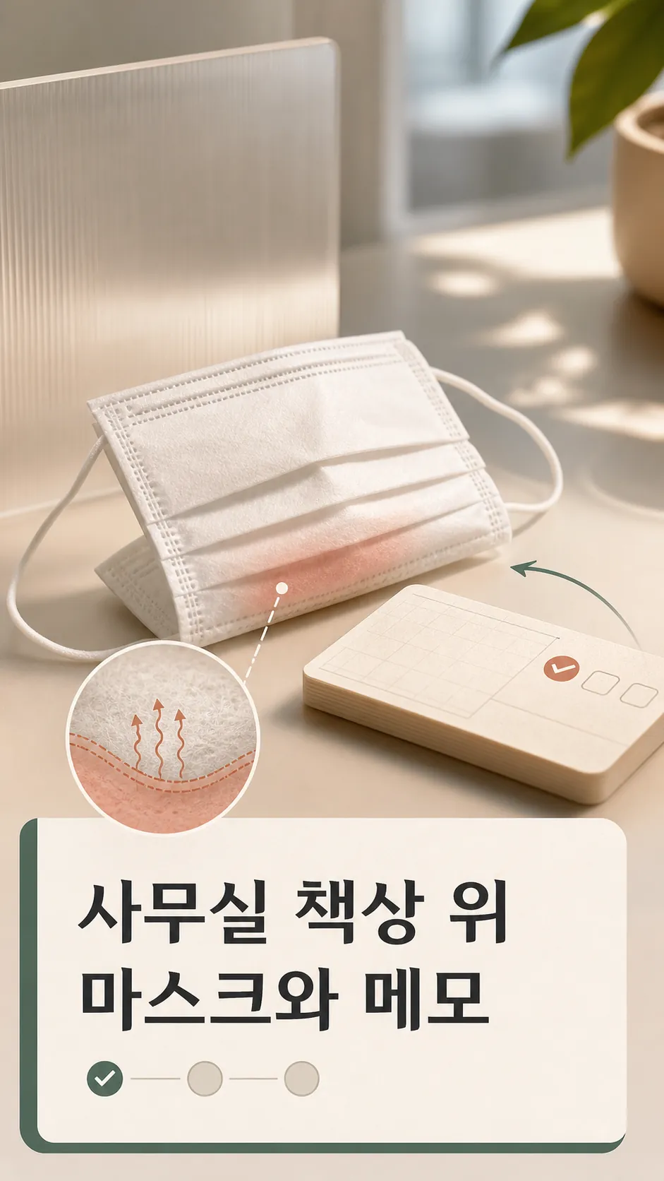 사무실 책상 위 마스크와 메모