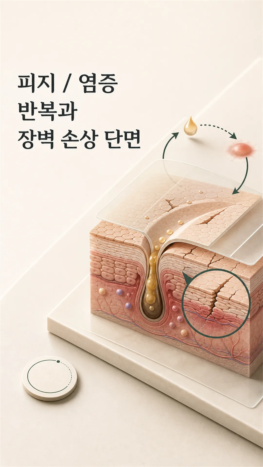 피지·염증 반복과 장벽 손상 단면 모식도