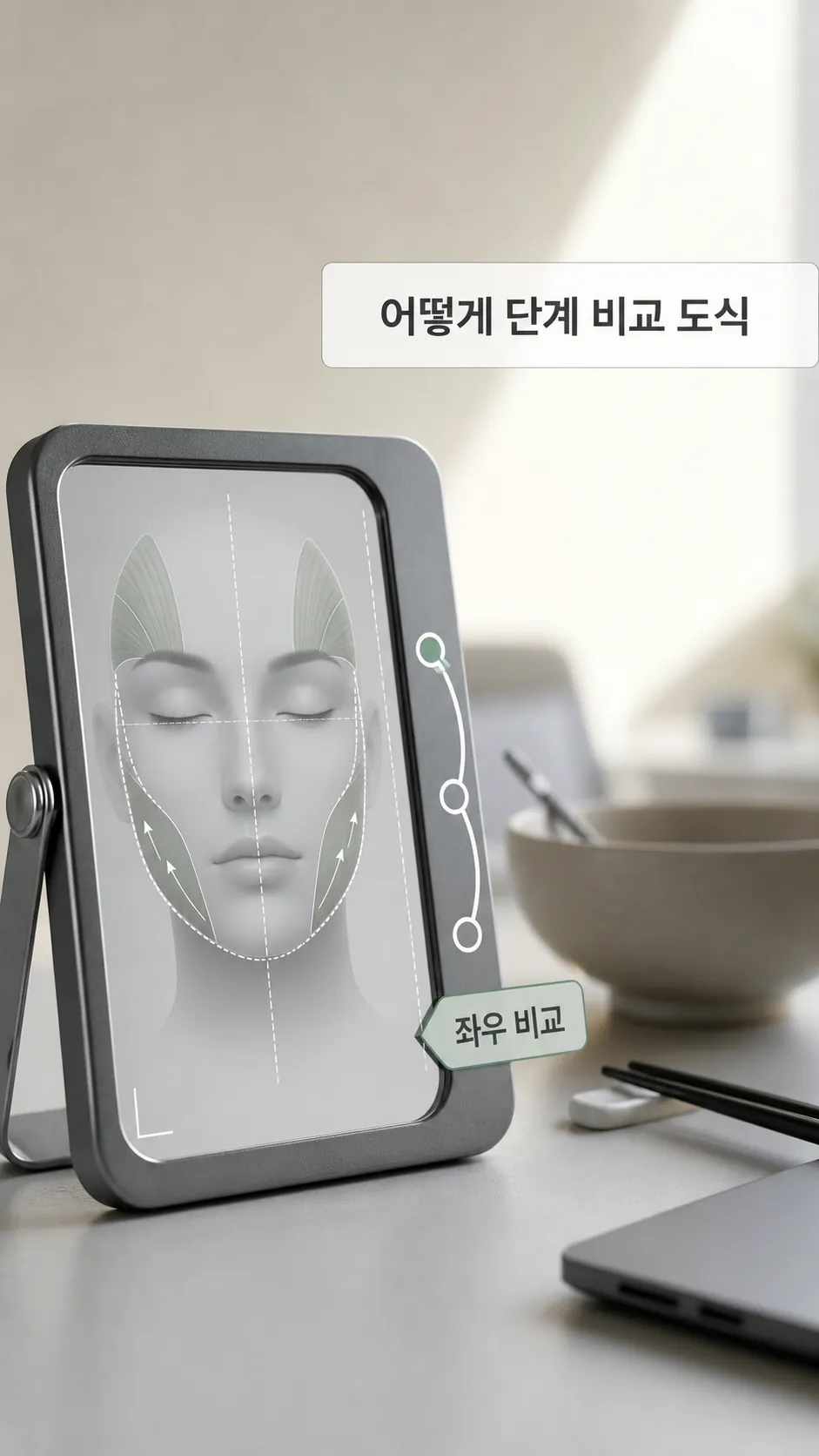 한쪽으로 씹는 습관은 얼굴선에 어떻게 단계 비교 도식