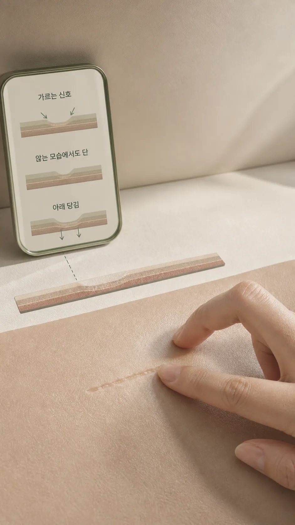 손가락 기준점으로 패인 경계 확인 클로즈업
