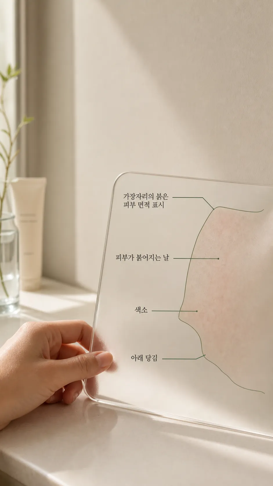 세면대 거울 가장자리의 붉은 피부 면적 표시