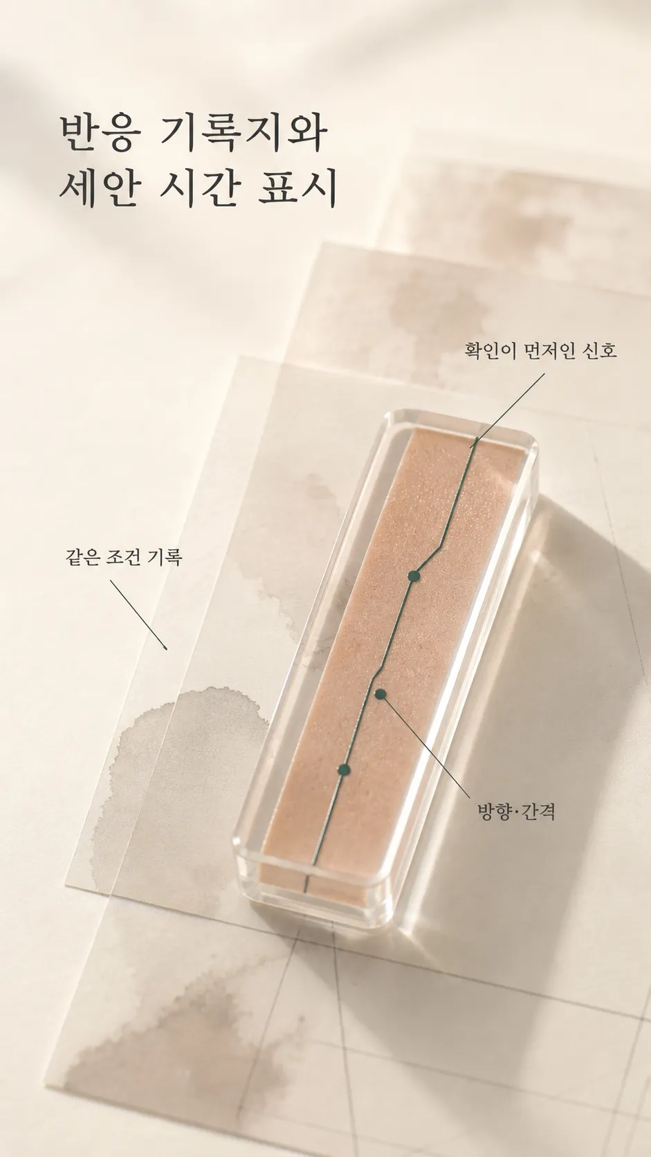 자극 반응 기록지와 세안 시간 표시 클로즈업