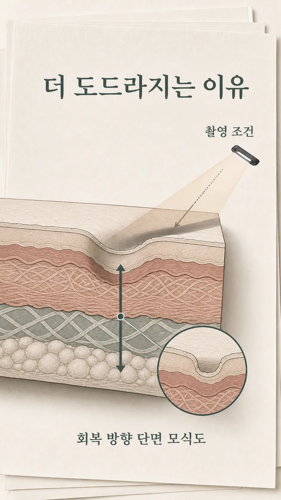 진피층 흉터 깊이와 회복 방향 단면 모식도