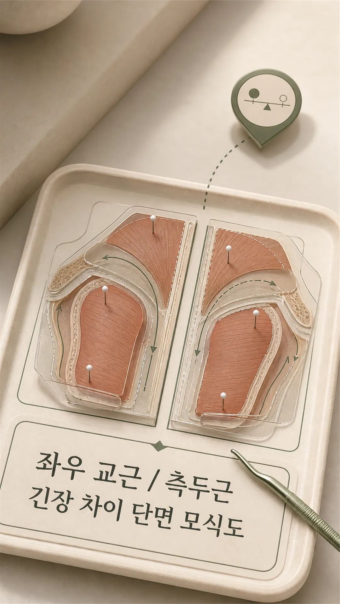 좌우 교근·측두근 긴장 차이 단면 모식도