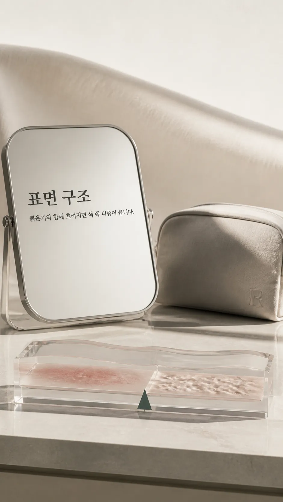 거울 앞 같은 조명 피부 상태 확인 장면