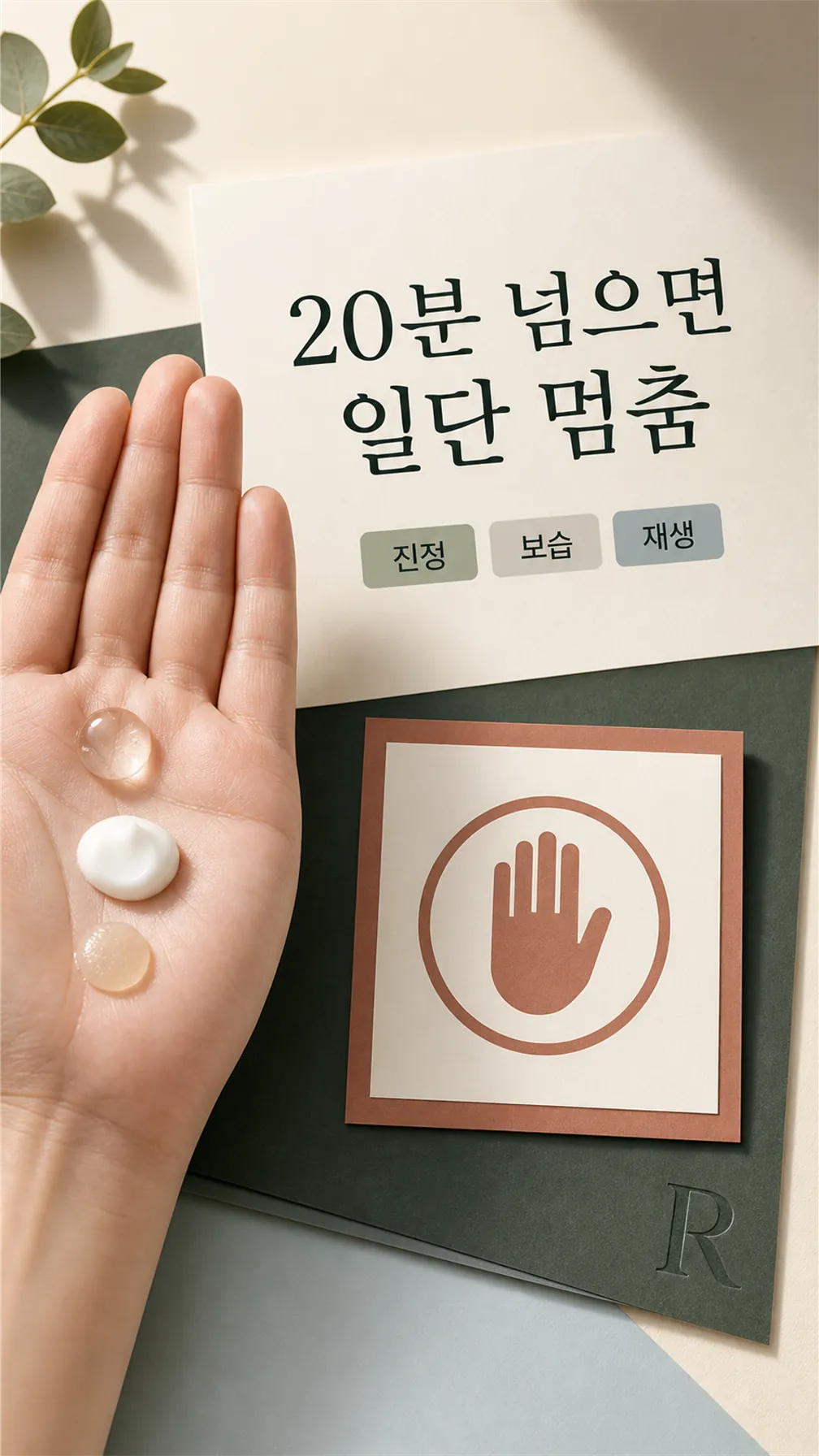 손바닥 위 제품 세 개와 멈춤 표시 카드