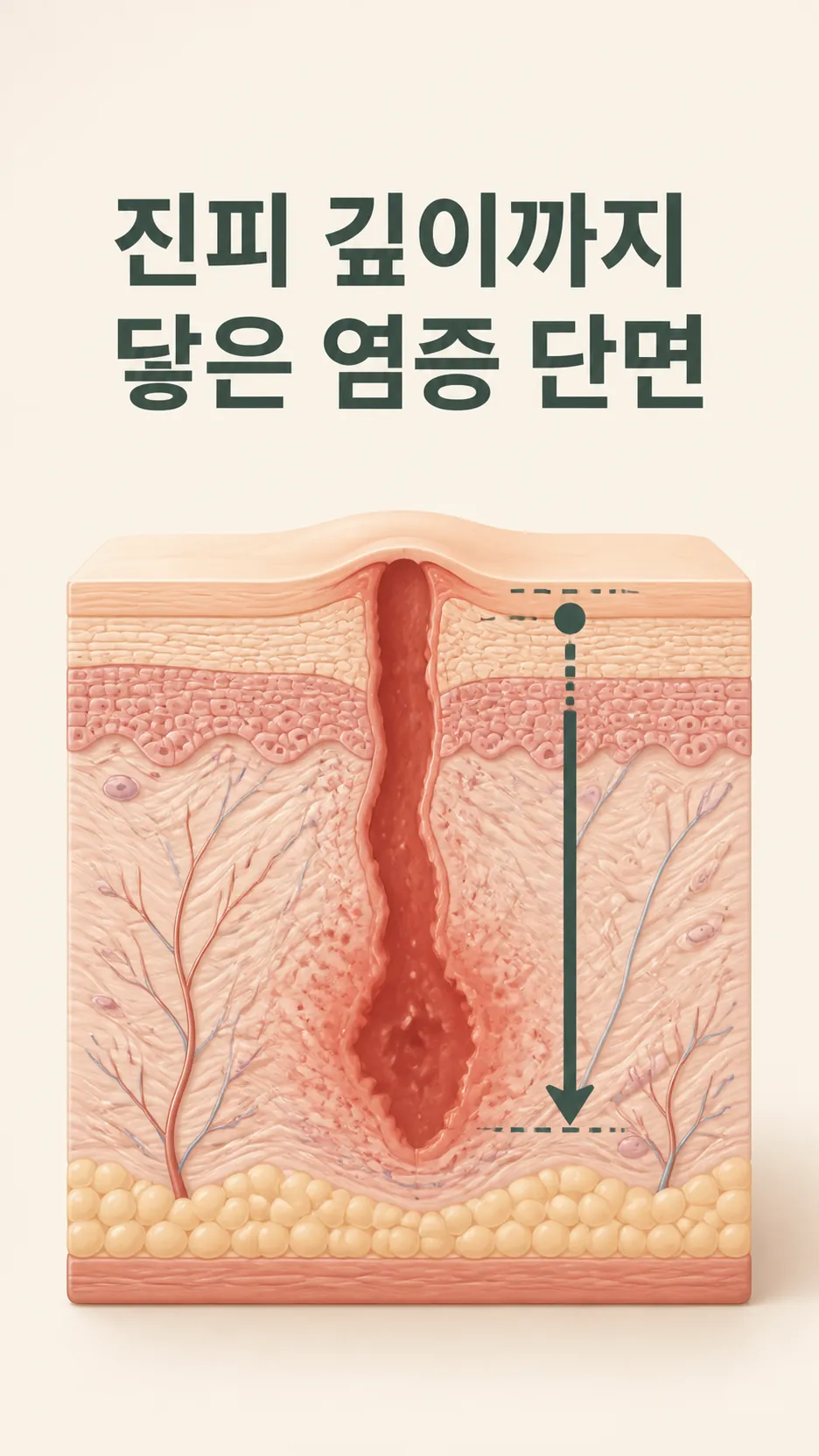 진피 깊이까지 닿은 염증 단면 모식도