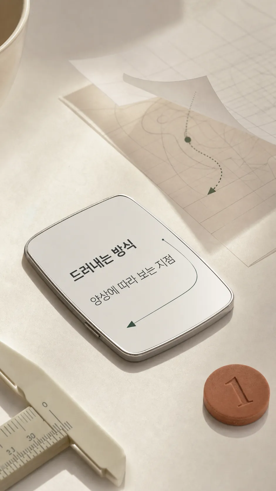 웃는 표정에서 바닥면 당김이 드러나는 볼 부위 방향 표시