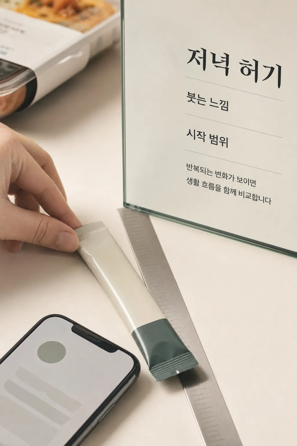 퇴근길 편의점 앞 식사 선택 고민 장면