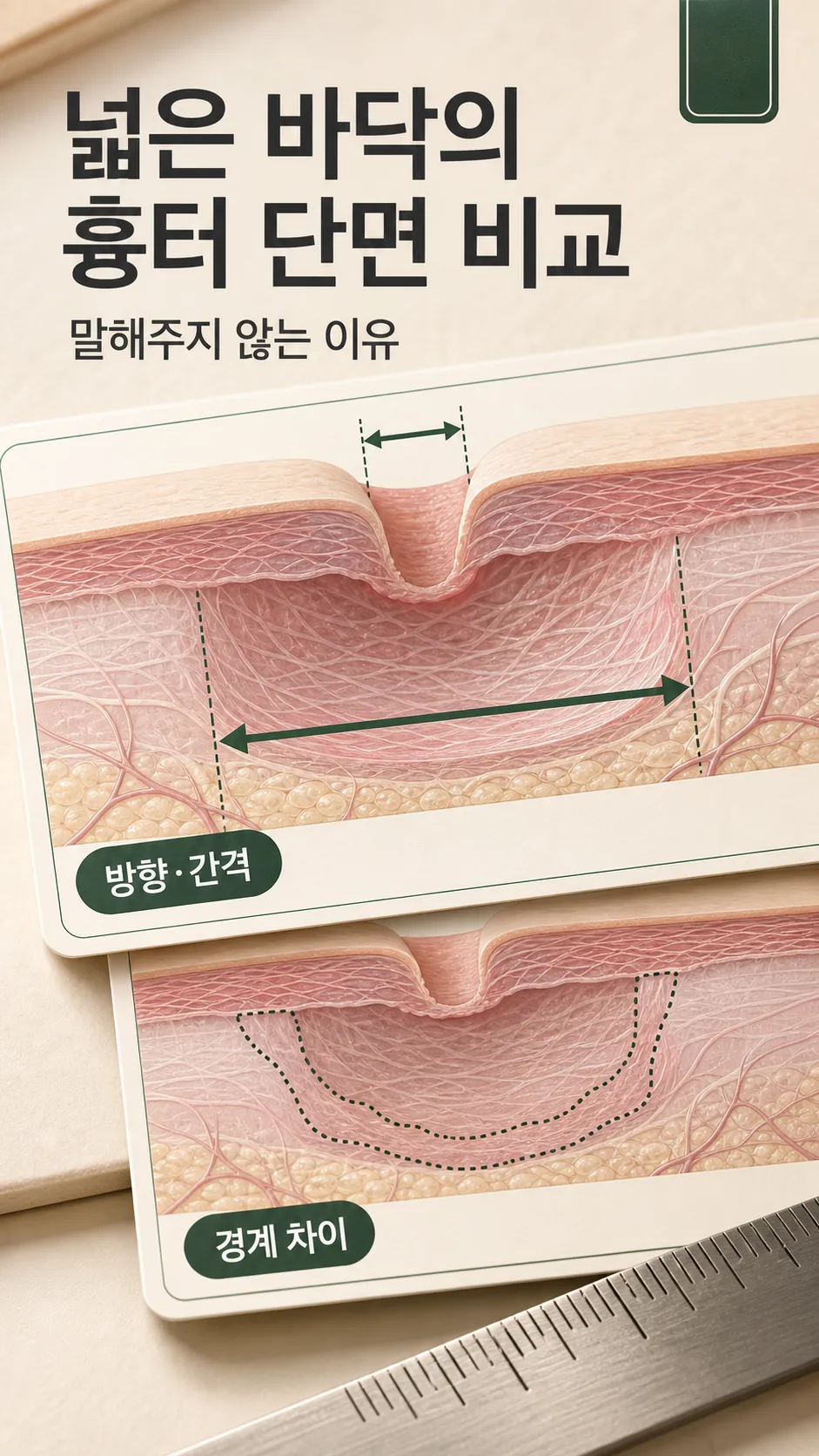 좁은 입구와 넓은 바닥의 흉터 단면 비교