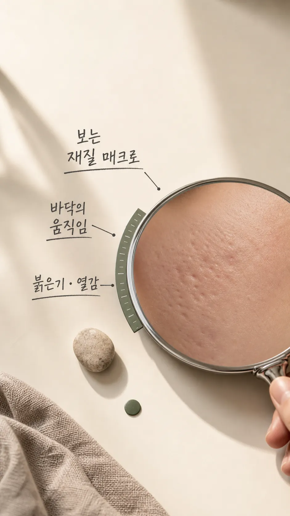 피부 표면 질감과 입구 경계를 보는 재질 매크로