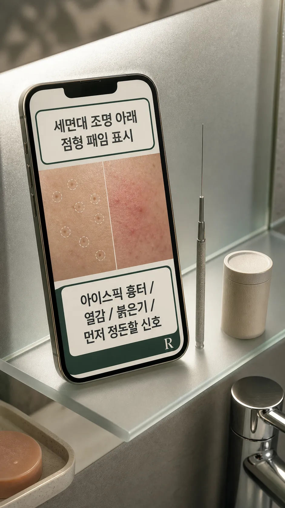 세면대 조명 아래 점형 패임 표시