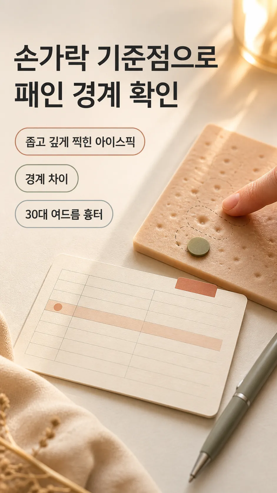 손가락 기준점으로 패인 경계 확인 클로즈업