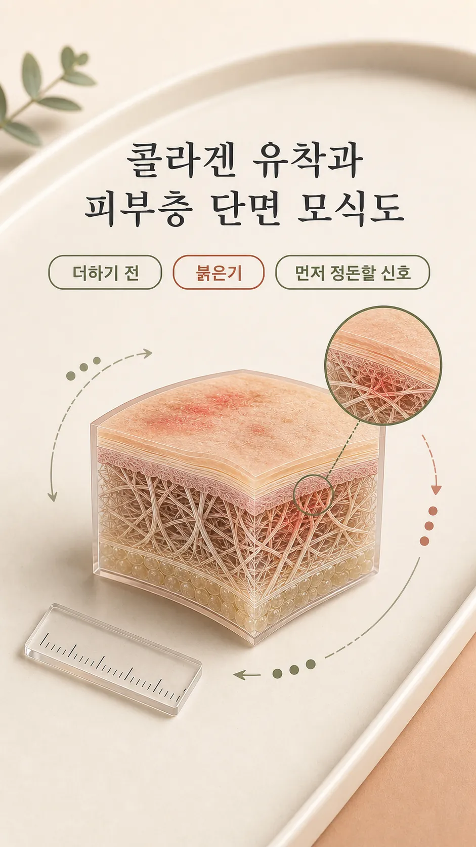 진피층 콜라겐 유착과 피부층 단면 모식도