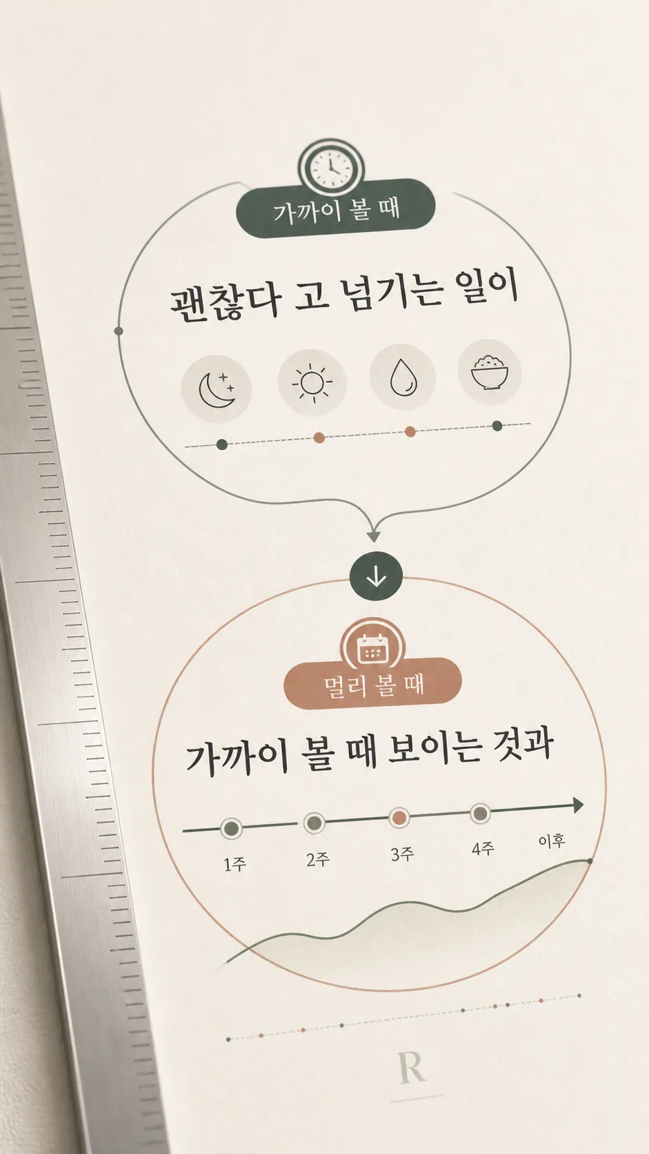 같은 몸을 하루 단위와 두 달 단위로 나눠 읽는 두 시야 비교 도식