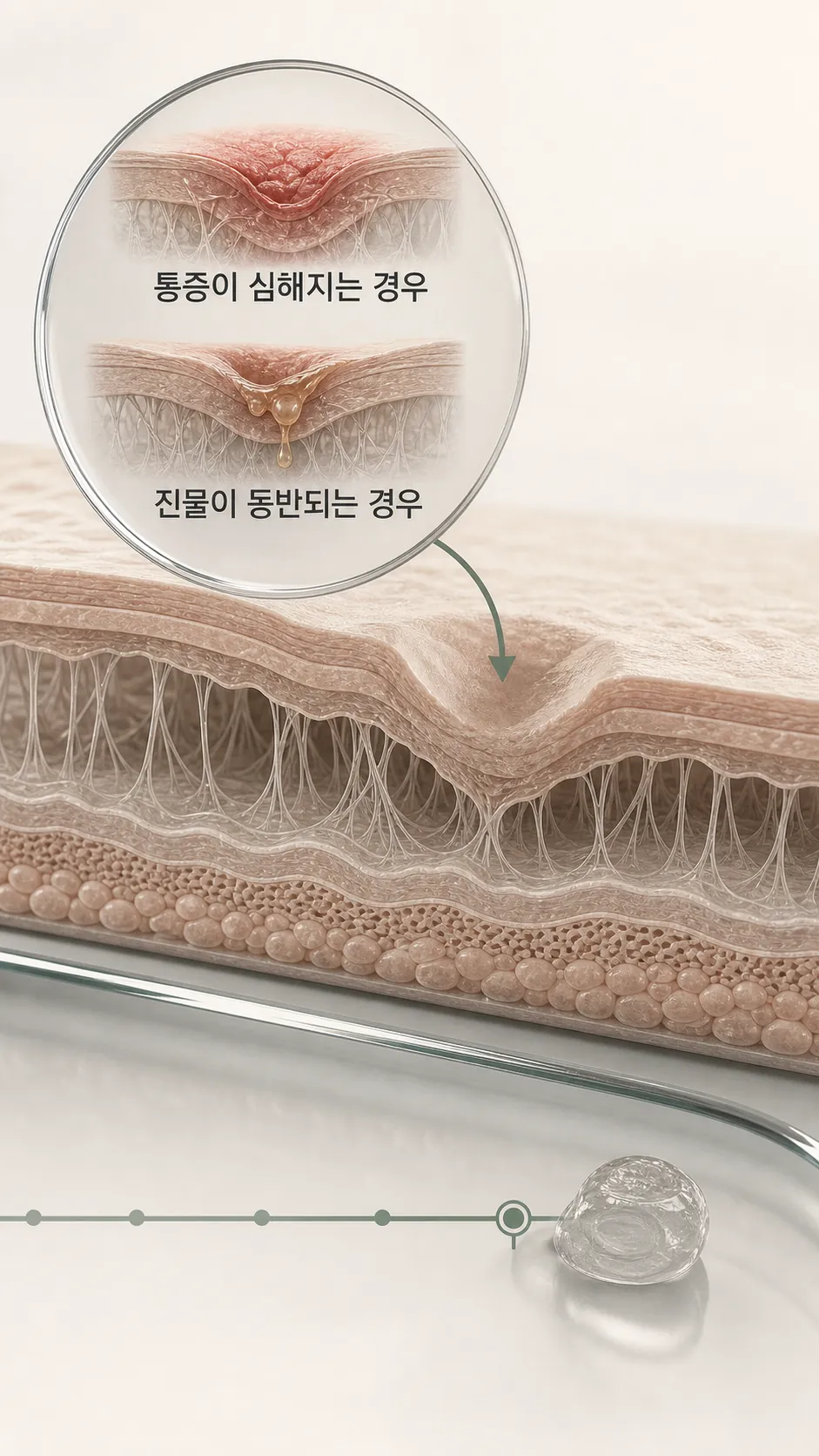 진피층 콜라겐 유착과 피부층 단면 모식도