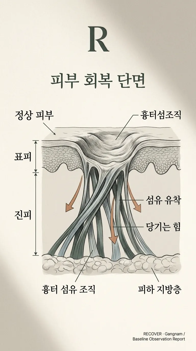 진피 단면 — 흉터 부위 섬유 유착 (당기는 방향 화살표 표시)