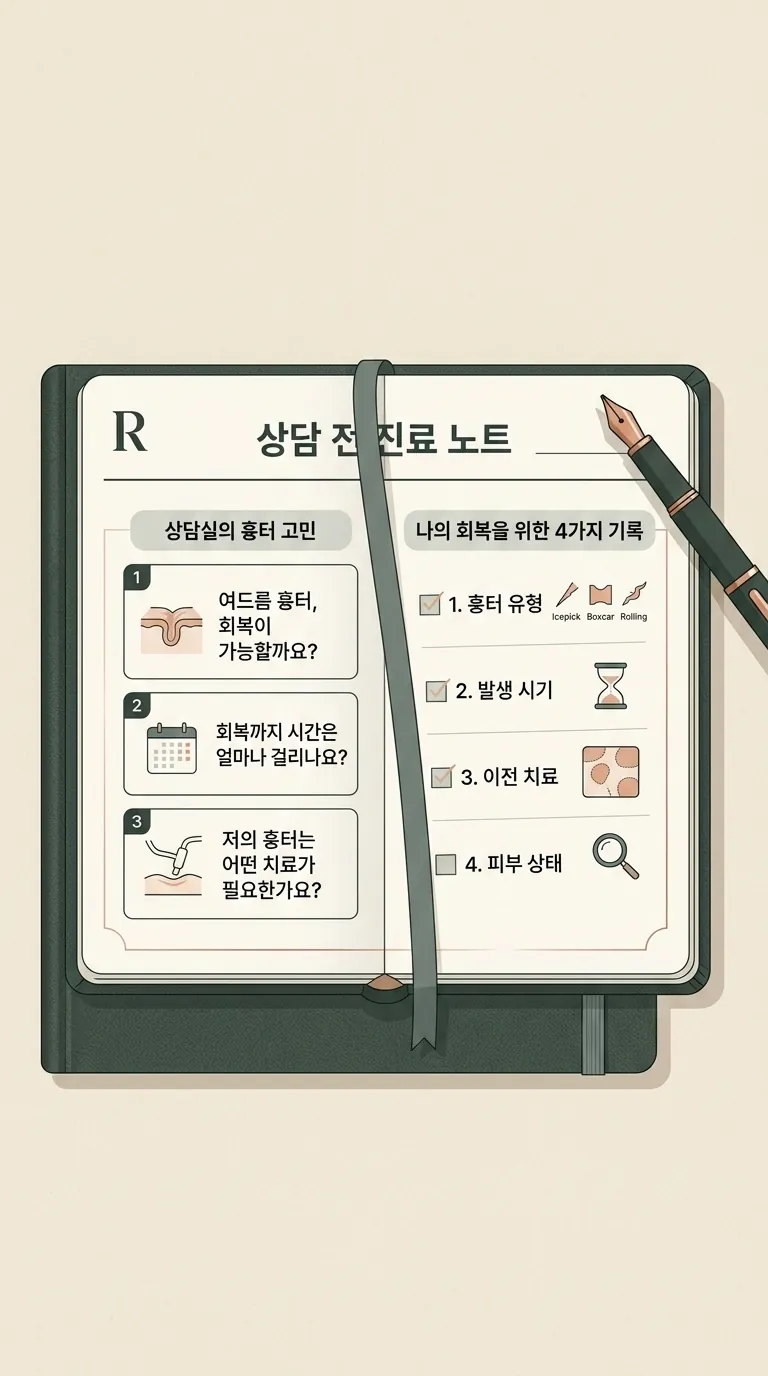 상담실 책상 위 진료 노트와 만년필 클로즈업