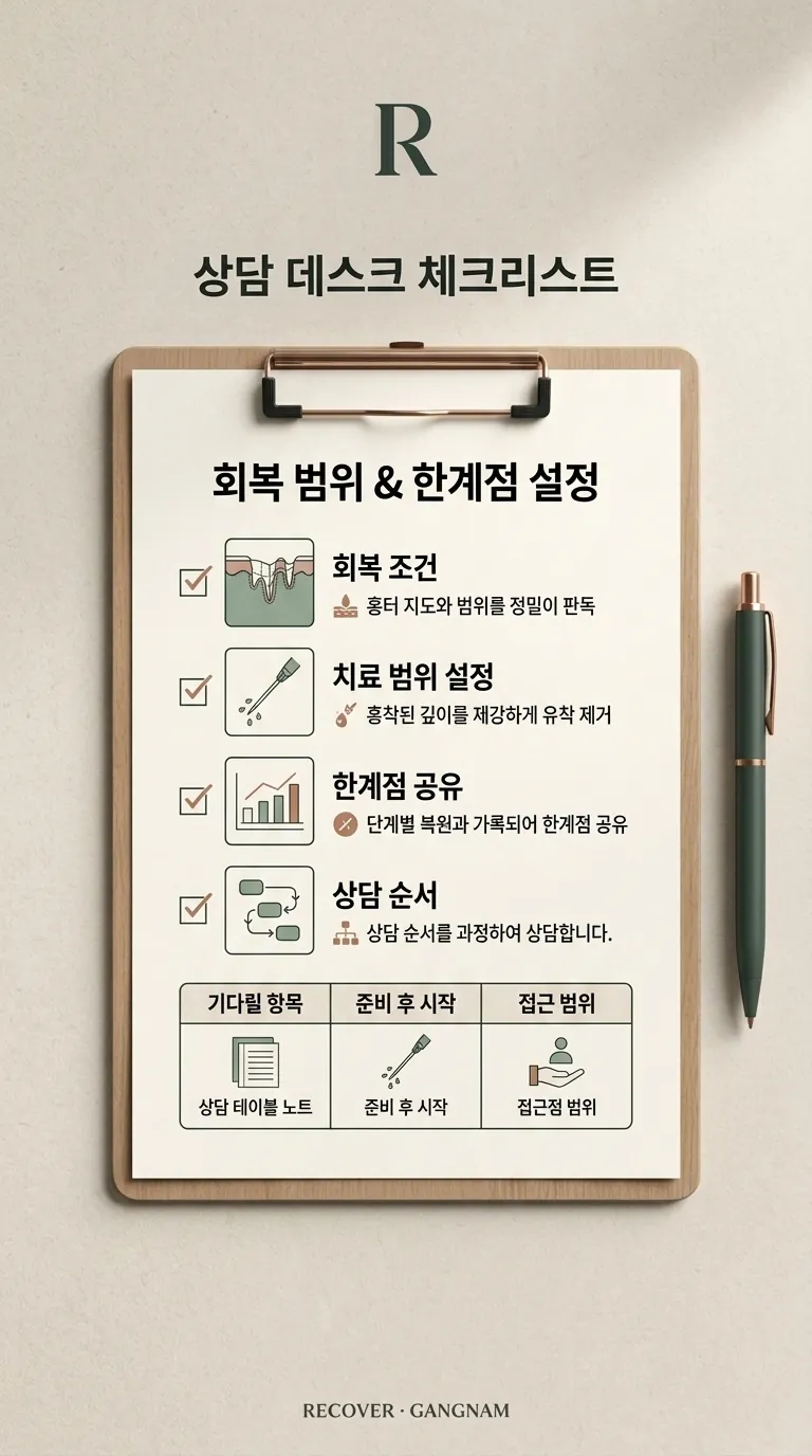 피부 상태를 확인하기 위한 상담 데스크 위 체크리스트 정물