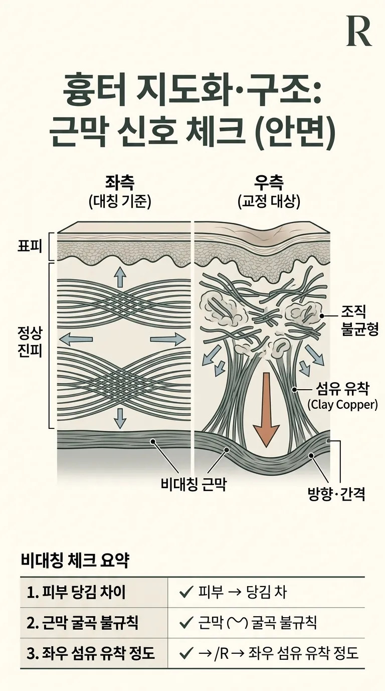 좌우 근막 결의 누적 차이를 보여주는 진피 단면 모식도