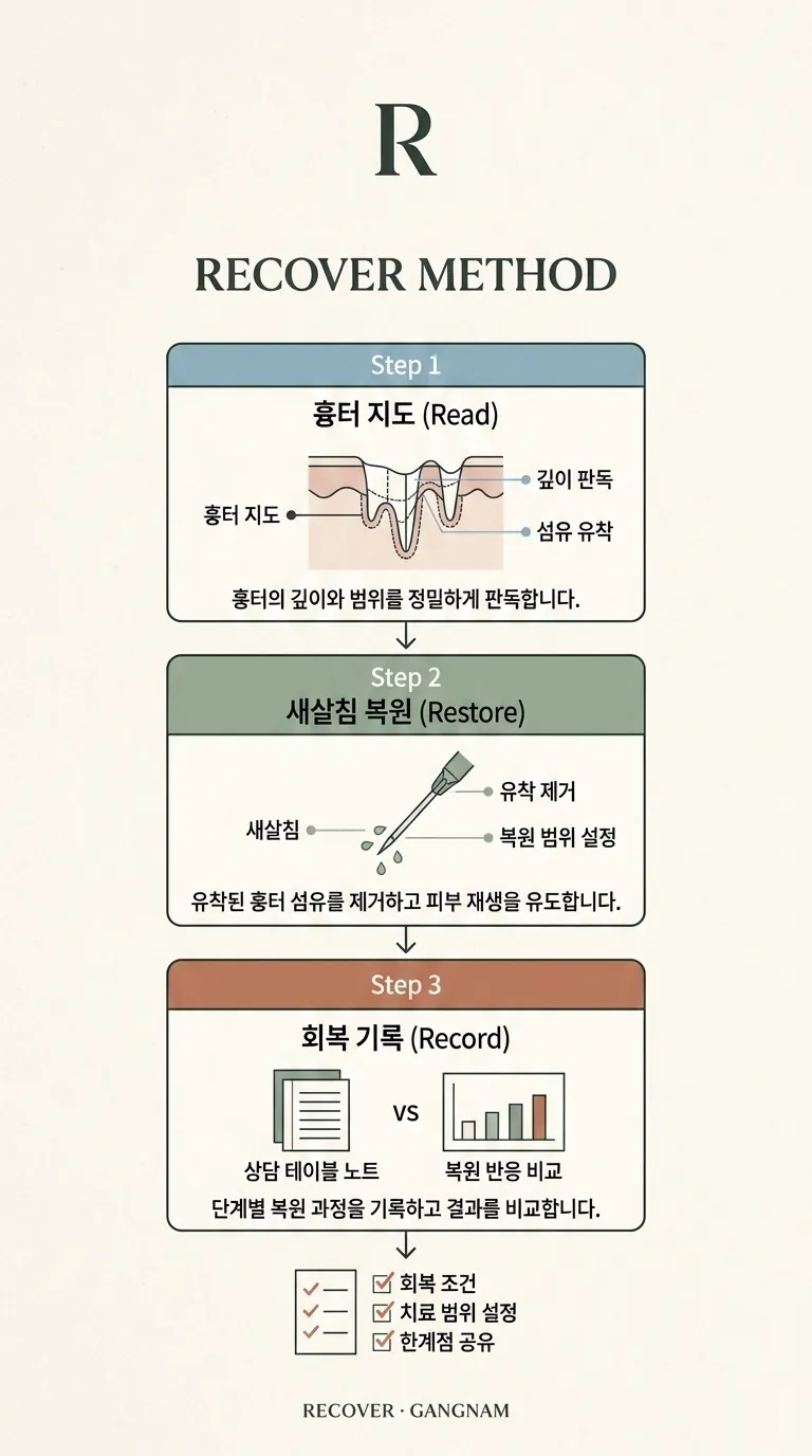 복원 기준표 의 Read, Restore, Record 3단계 인포그래픽