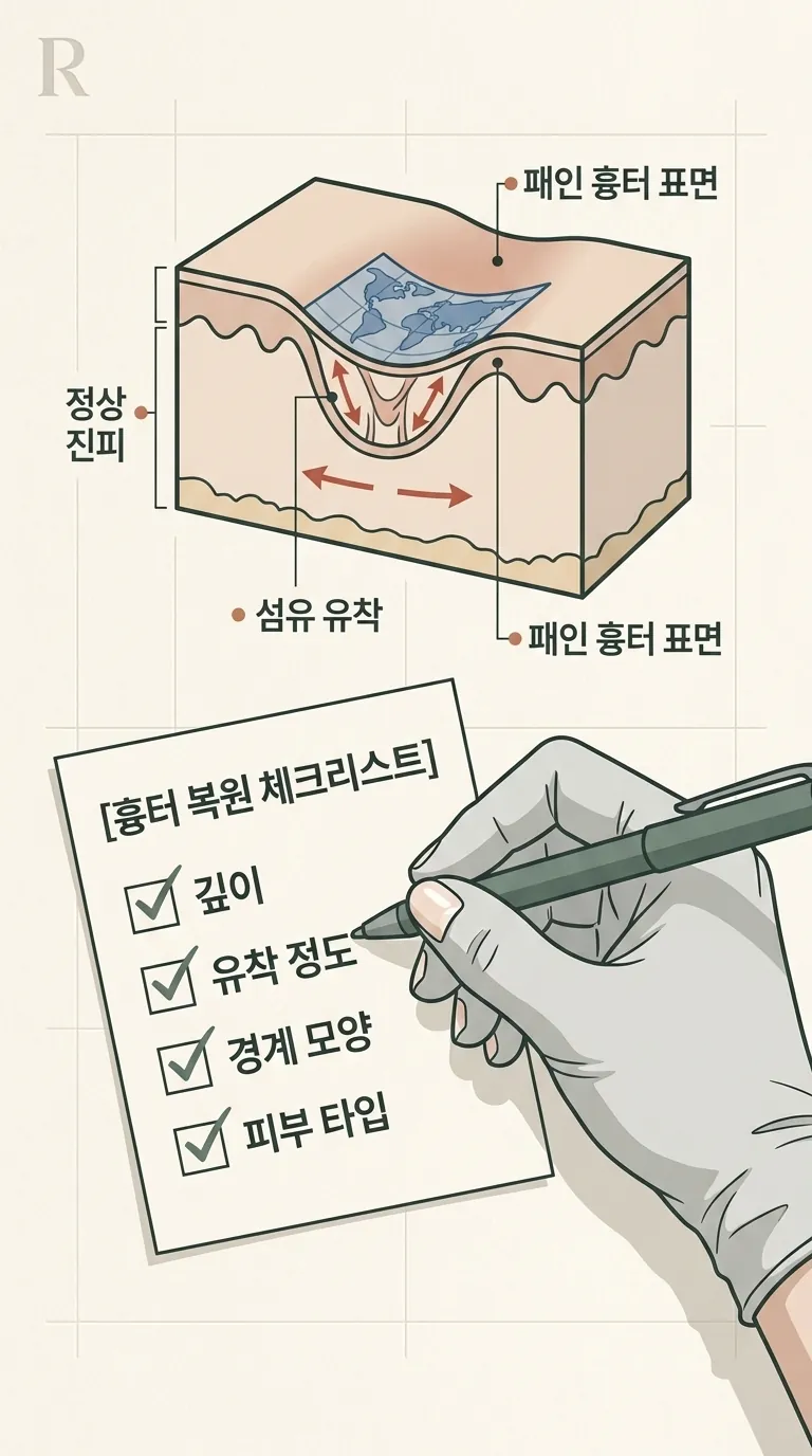 흉터 복원 기준표에 항목을 체크하는 손 클로즈업