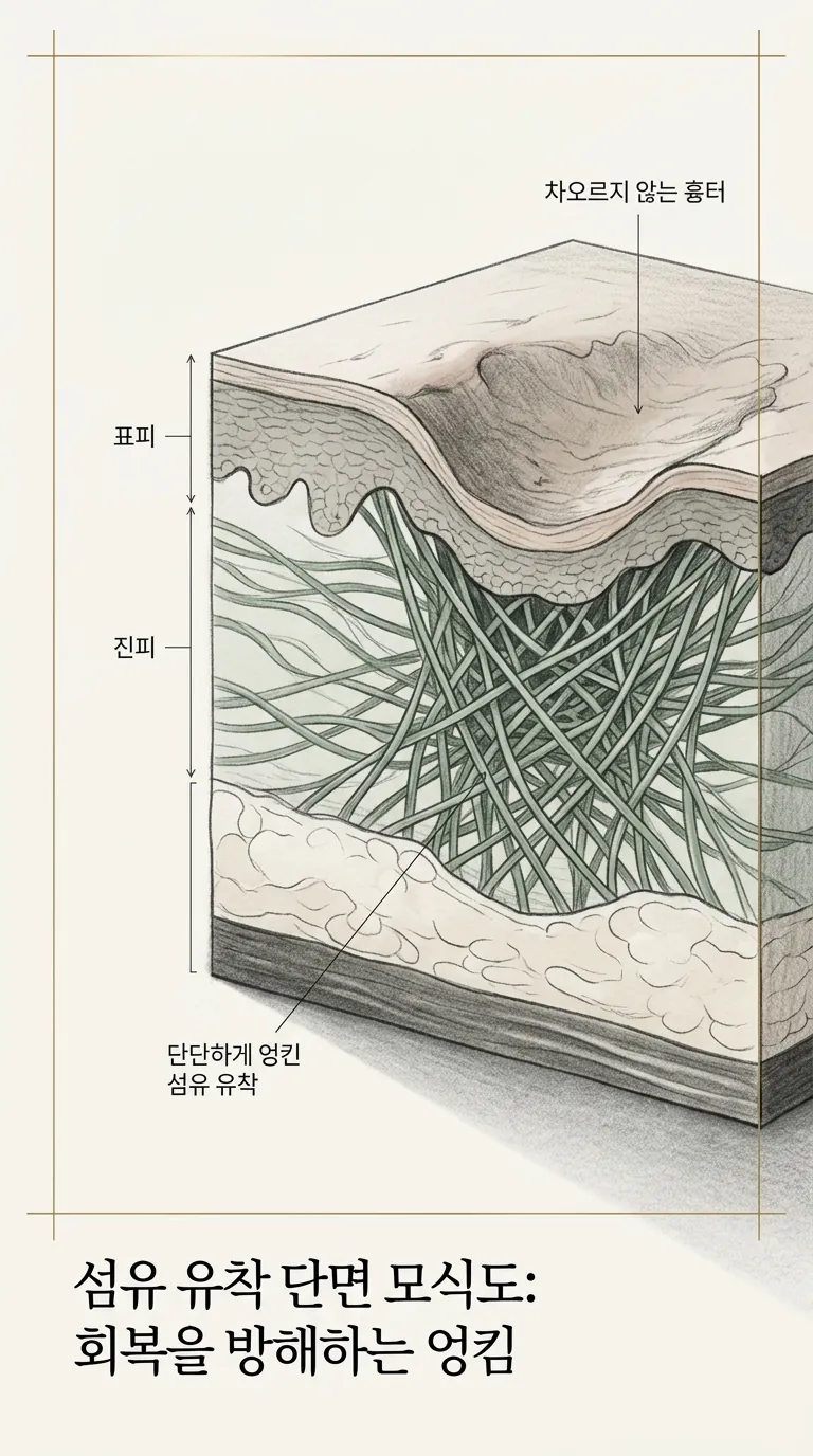 진피층 아래 단단하게 엉킨 섬유 유착 단면 모식도