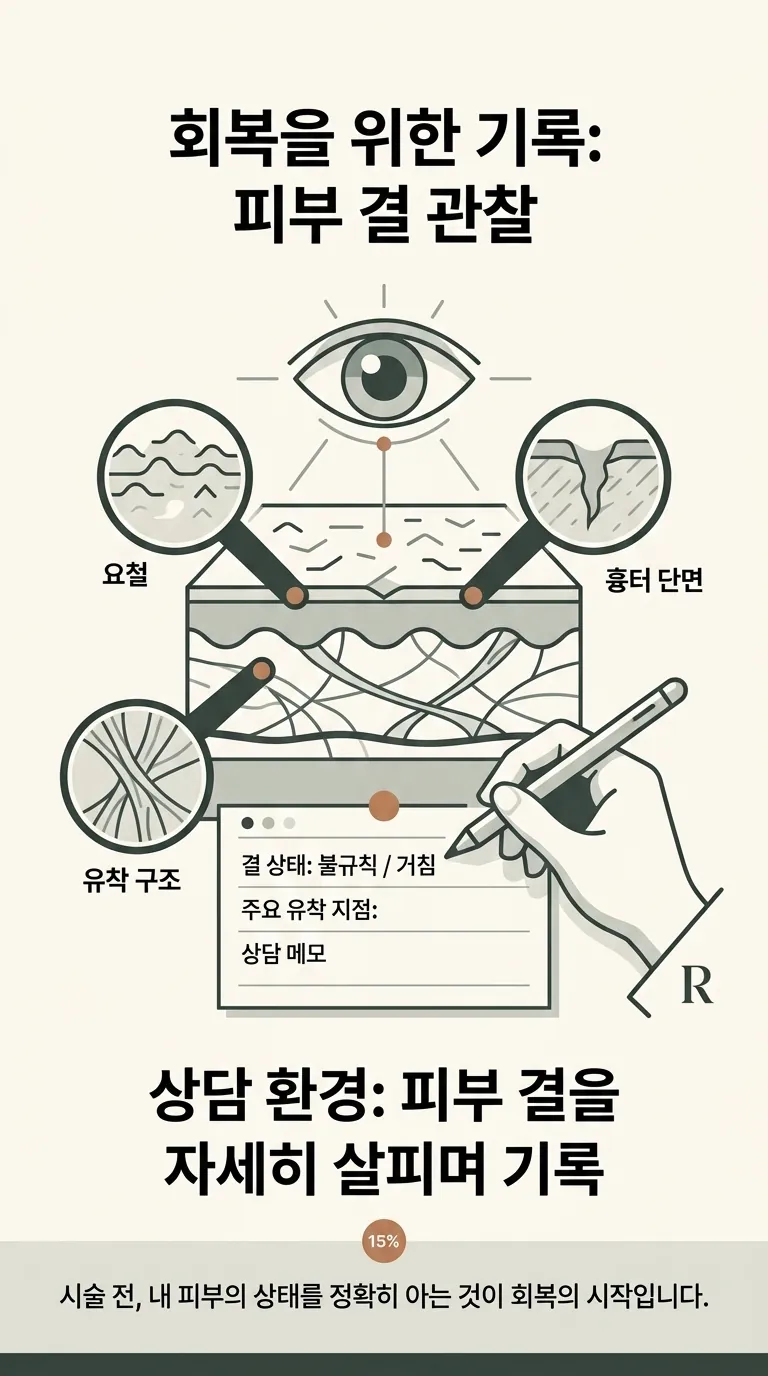 피부 결을 자세히 살피며 기록하는 상담 환경