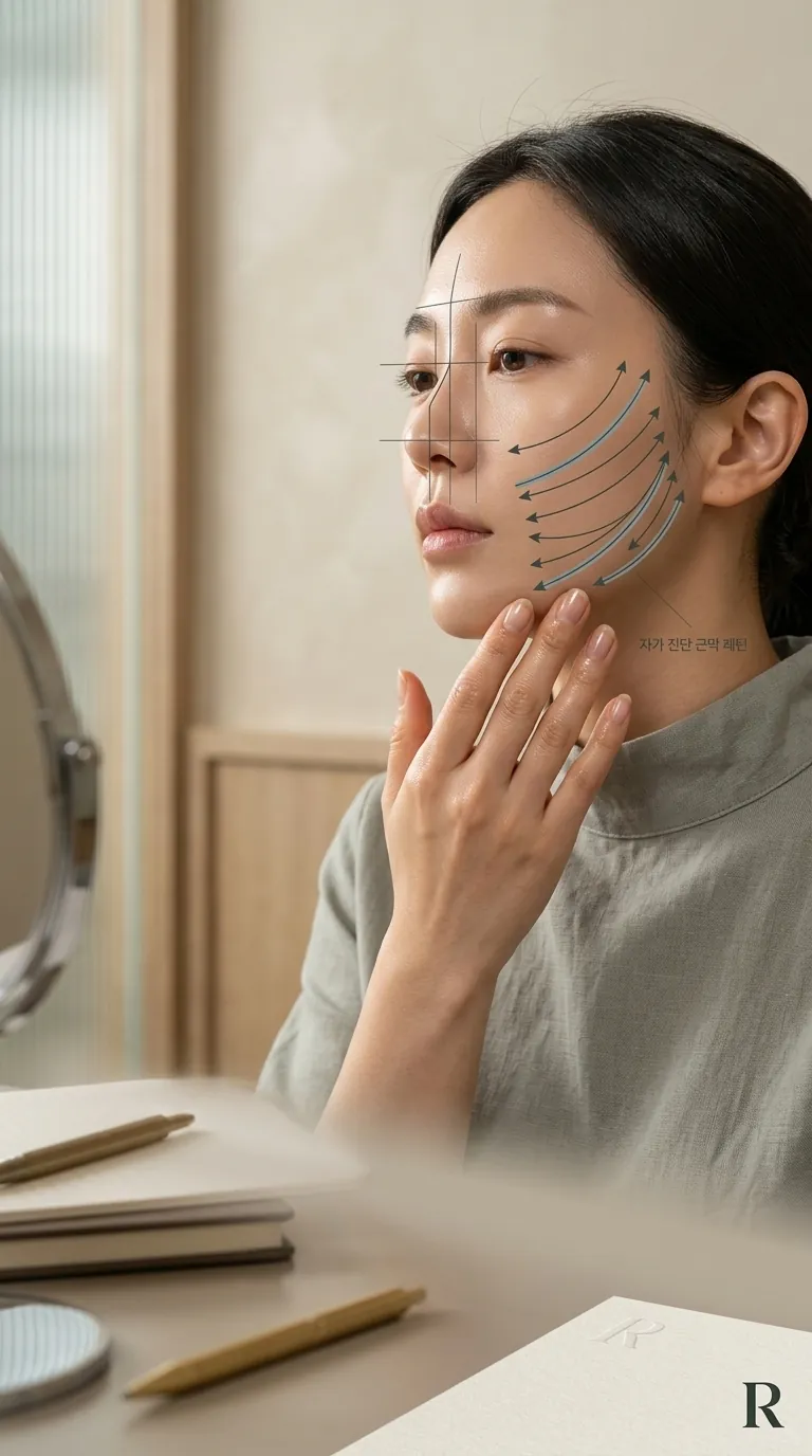 얼굴 기준점 및 좌우 근막 당김 방향을 표시한 시각화 자료