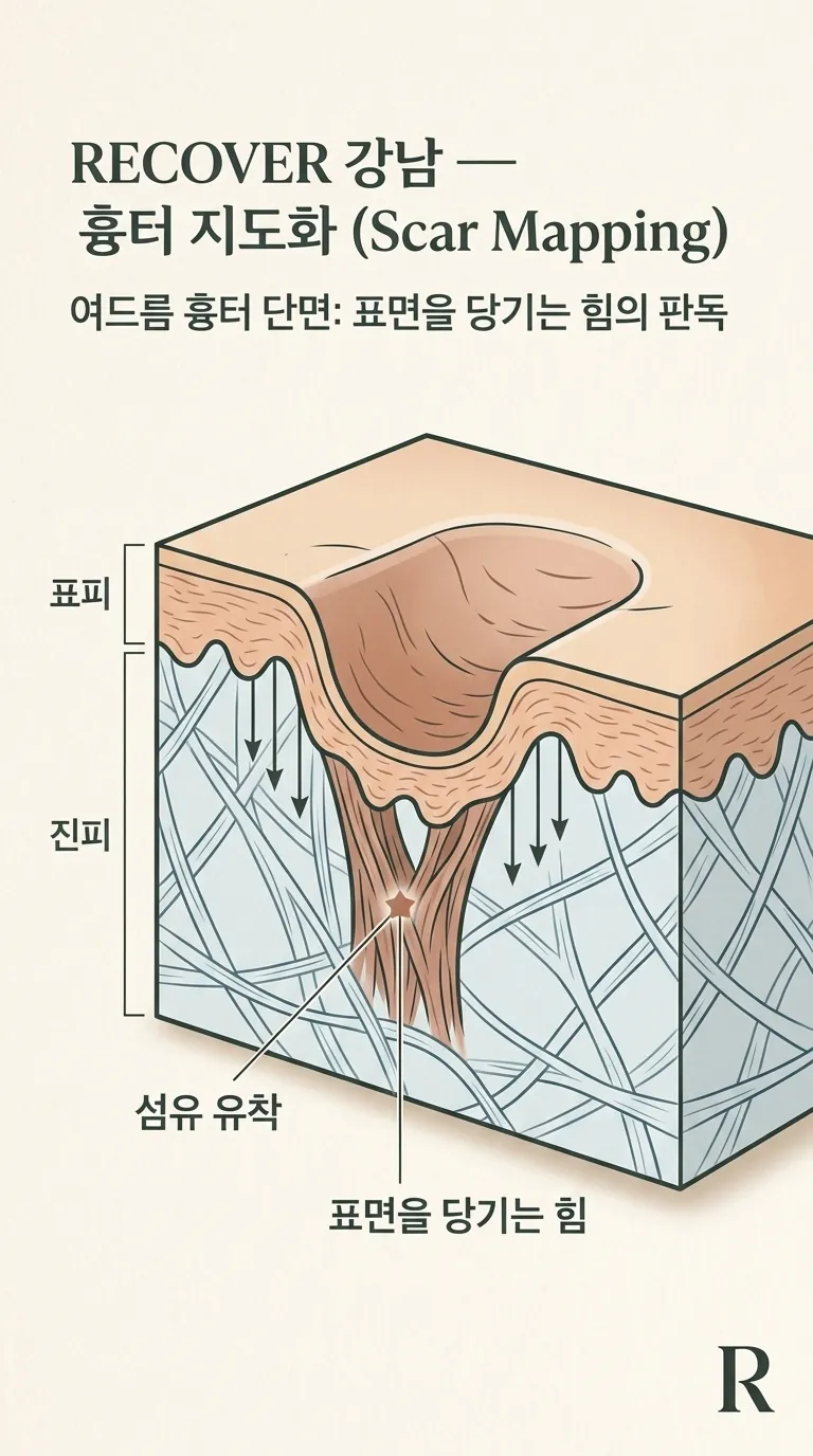 진피 콜라겐 섬유 유착과 표면을 당기는 힘의 단면도