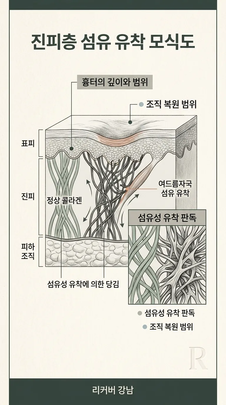 피부 진피층의 섬유 유착을 보여주는 해부학적 모식도