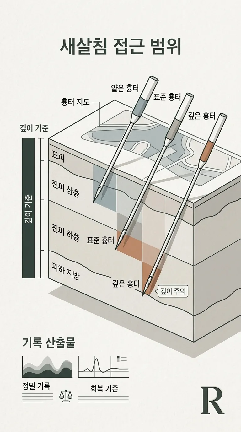 새살침 접근 깊이 범위와 니들 기준 시각화