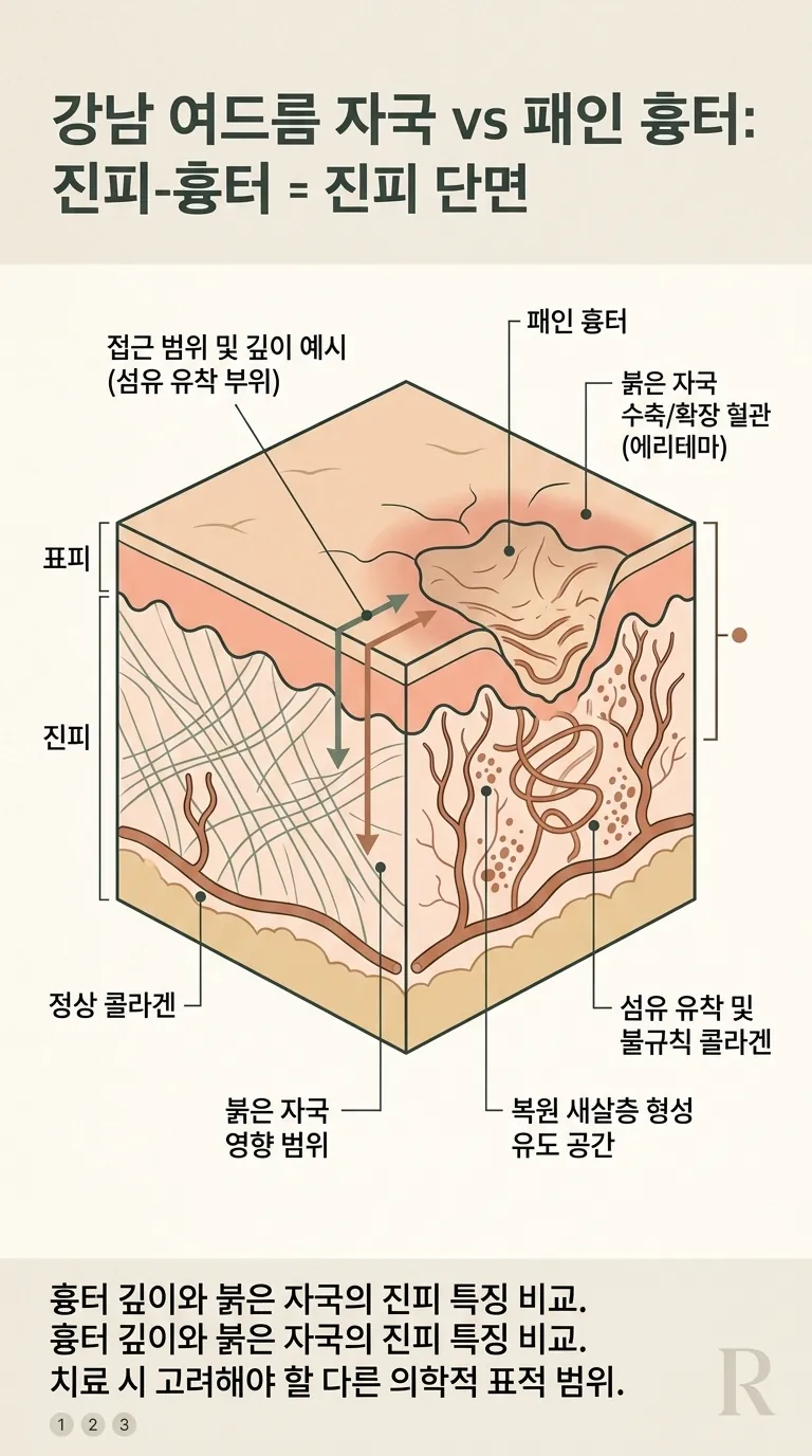 패인 흉터와 붉은 자국 진피 단면