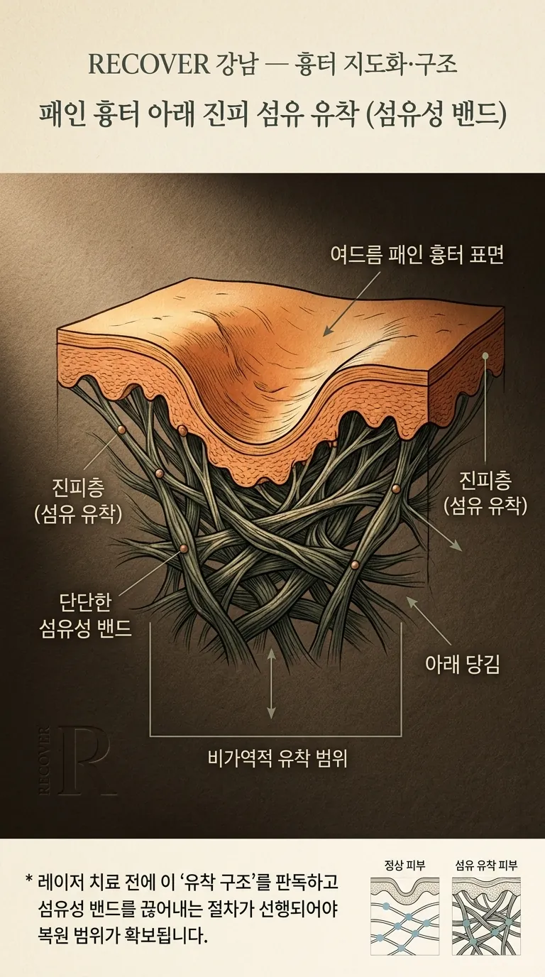 패인 흉터 아래 진피층의 섬유 유착 단면 모식도