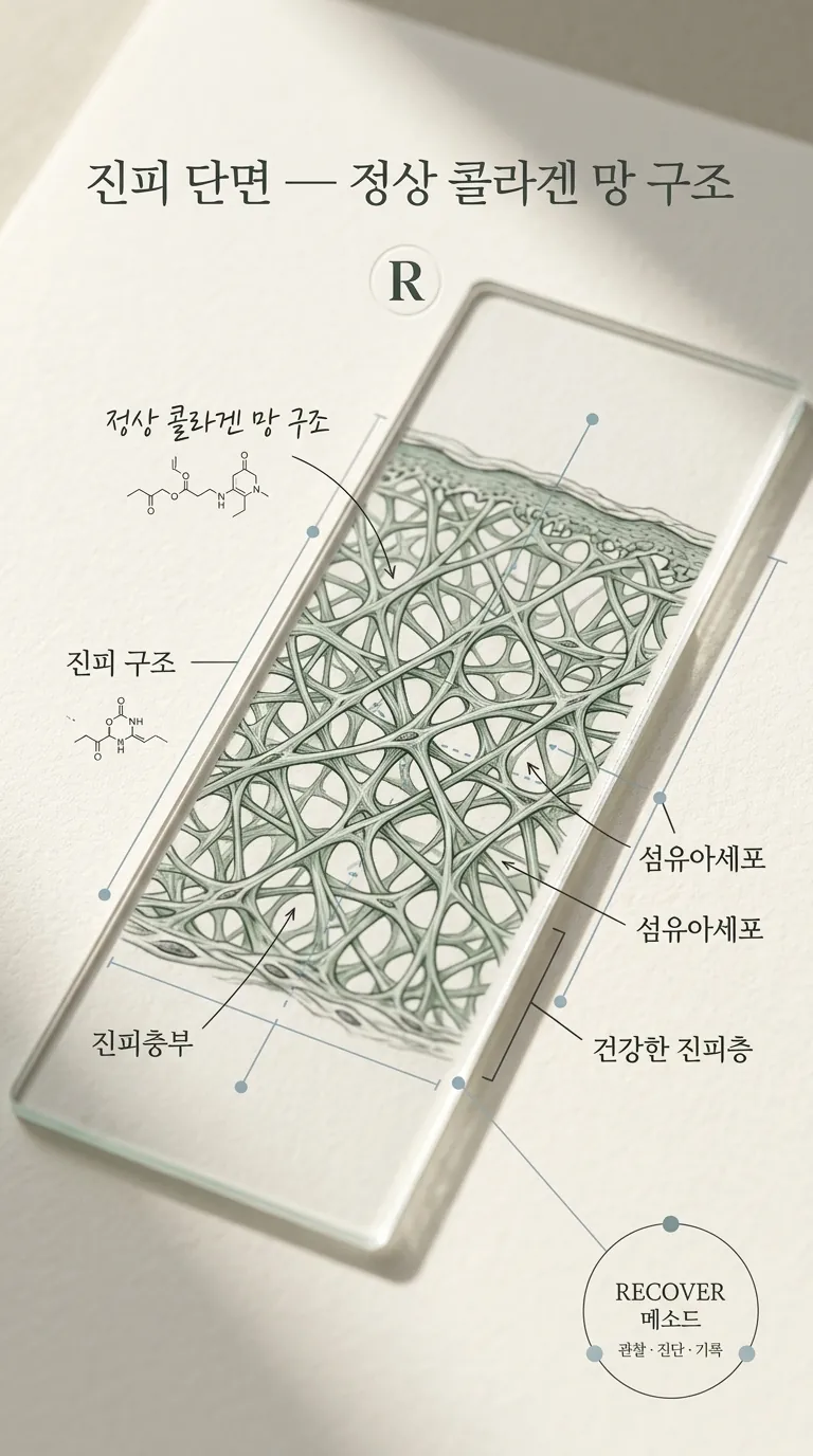 진피 단면 — 정상 콜라겐 망 구조