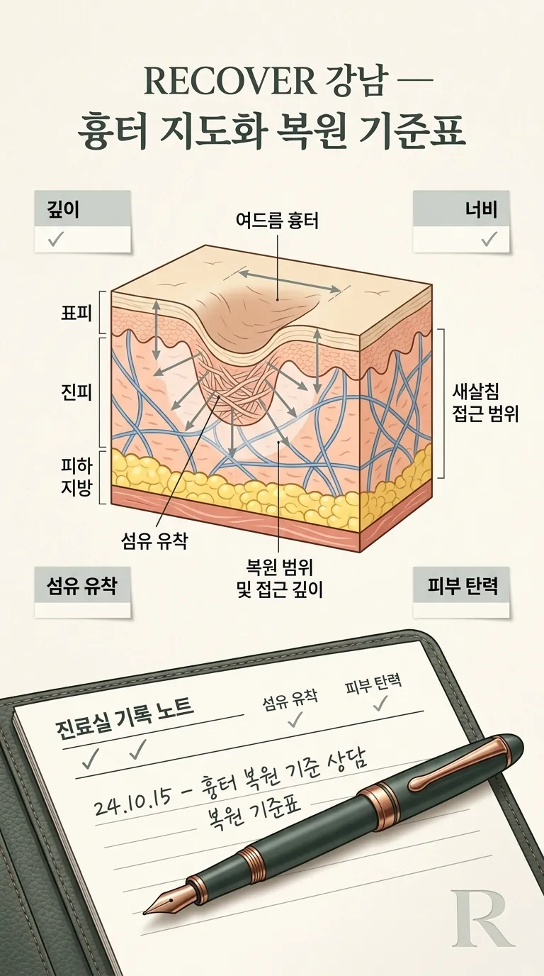 흉터 복원 기준표 상담 노트와 만년필 클로즈업