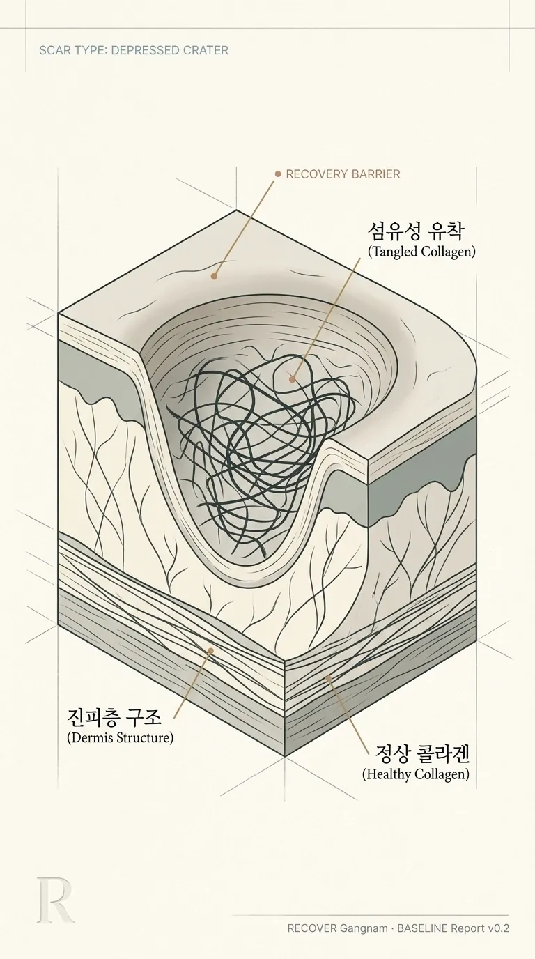 진피층 콜라겐 엉킴과 흉터 패임 단면 모식도
