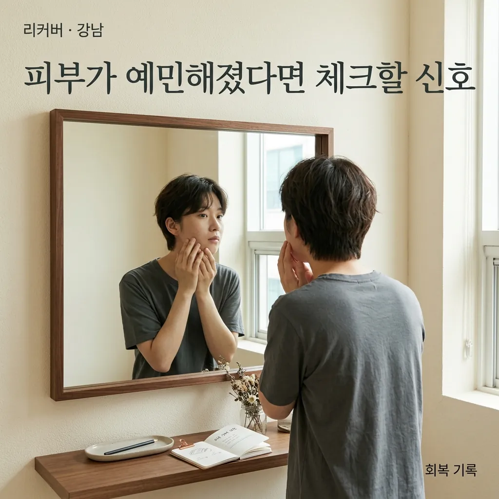 거울 앞에서 피부 상태를 살펴보는 차분한 일상