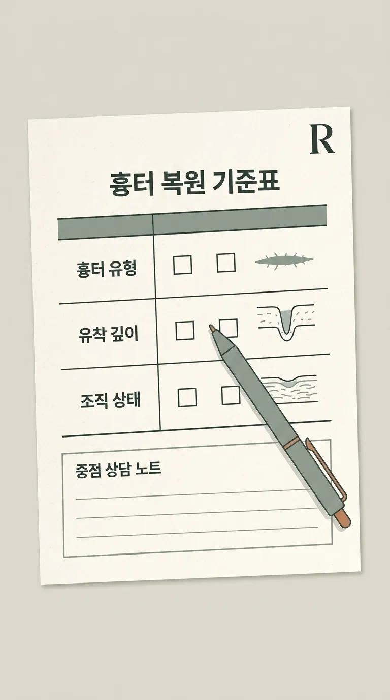 흉터 복원 기준표 작성 과정 (상담 노트 위 펜)